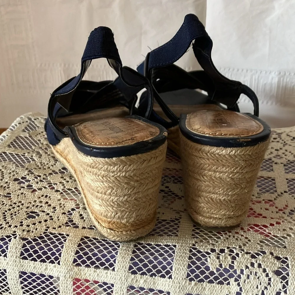 Merona Women’s Sz 10 Navy Blue Espadrille Wedge Sandals 3” Heel Ankle Strap GUC